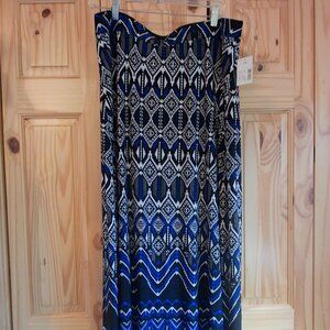 NWTS Catherines Blue & Black Tribal Print Maxi Skirt Stretch Pull-On Plus Sz 1X